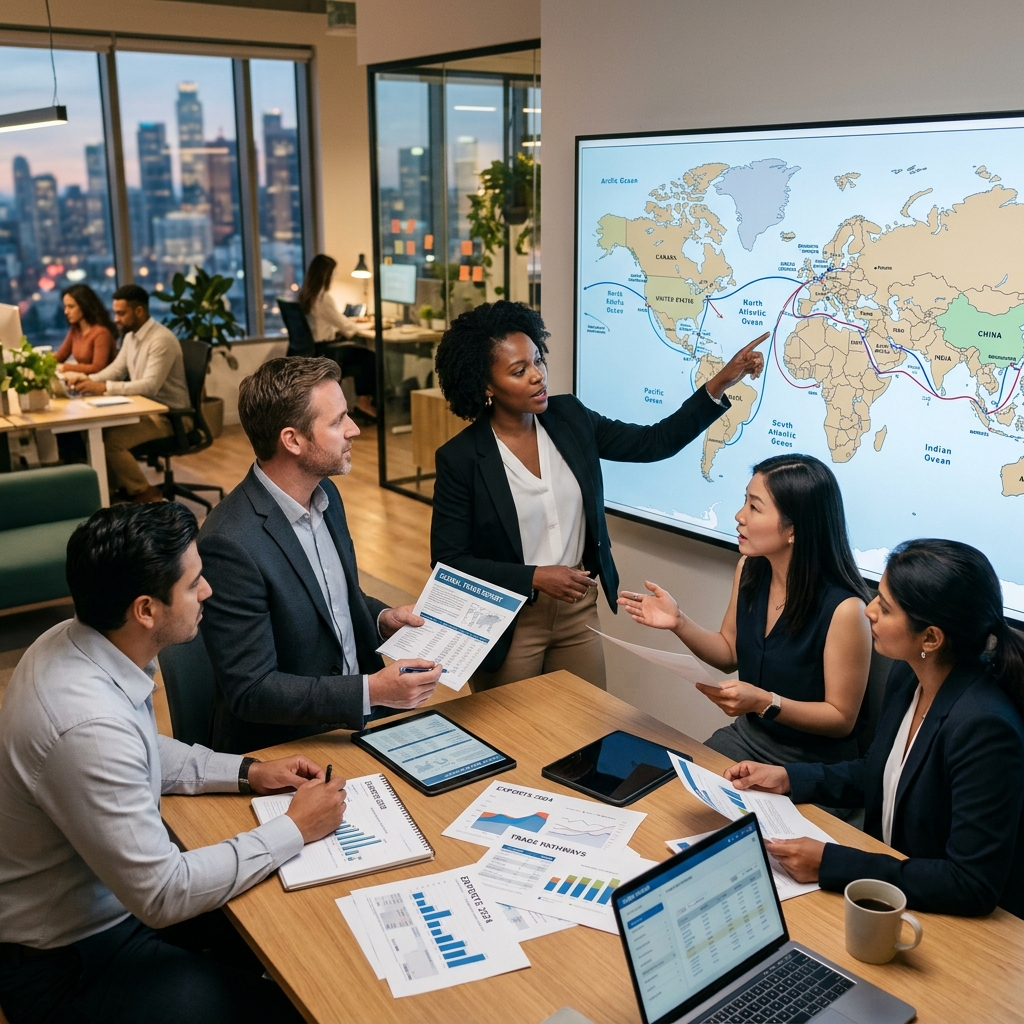JetSetExports team discussing global chemical trade and export logistics