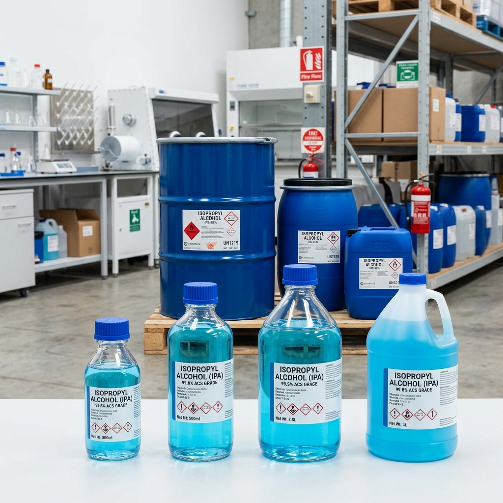Isopropyl Alcohol IPA 99% purity industrial drums and pharmaceutical bottles from India